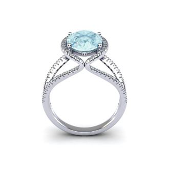 2 3/4 Carat Oval Shape Aquamarine and Halo Diamond Ring In 14 Karat White Gold