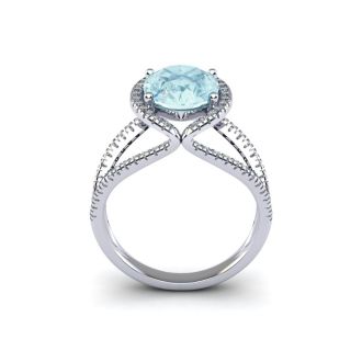 Aquamarine Ring: Aquamarine Jewelry: 2 3/4 Carat Oval Shape Aquamarine and Halo Diamond Ring In 14 Karat White Gold