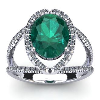 2 3/4 Carat Oval Shape Emerald and Halo Diamond Ring In 14 Karat White Gold