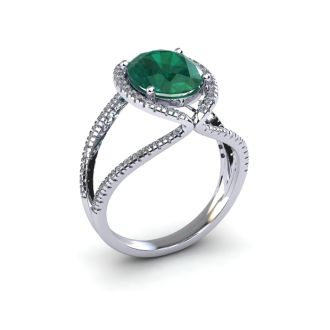 2 3/4 Carat Oval Shape Emerald and Halo Diamond Ring In 14 Karat White Gold
