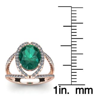 2 3/4 Carat Oval Shape Emerald and Halo Diamond Ring In 14 Karat Rose Gold