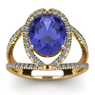 3 Carat Oval Shape Tanzanite and Halo Diamond Ring In 14 Karat Yellow Gold
