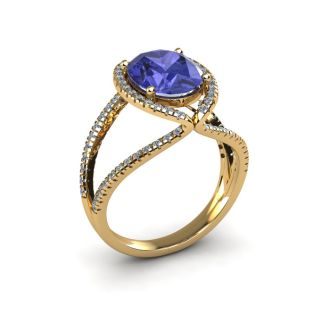 3 Carat Oval Shape Tanzanite and Halo Diamond Ring In 14 Karat Yellow Gold