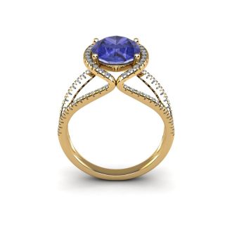3 Carat Oval Shape Tanzanite and Halo Diamond Ring In 14 Karat Yellow Gold