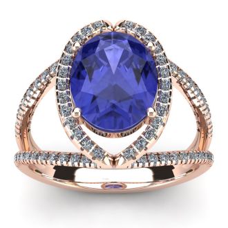 3 Carat Oval Shape Tanzanite and Halo Diamond Ring In 14 Karat Rose Gold