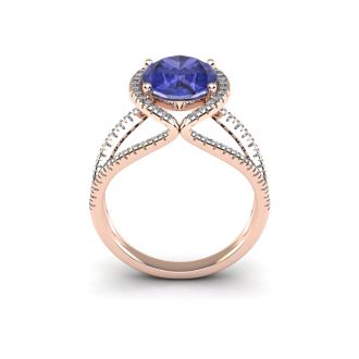 3 Carat Oval Shape Tanzanite and Halo Diamond Ring In 14 Karat Rose Gold