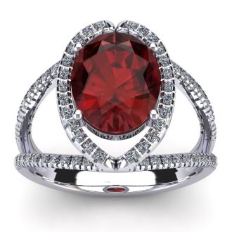 Garnet Ring: Garnet Jewelry: 3 1/2 Carat Oval Shape Garnet and Halo Diamond Ring In 14 Karat White Gold