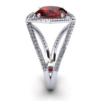Garnet Ring: Garnet Jewelry: 3 1/2 Carat Oval Shape Garnet and Halo Diamond Ring In 14 Karat White Gold
