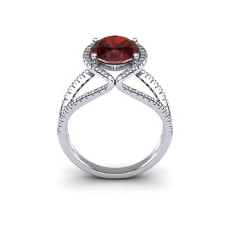 Garnet Ring: Garnet Jewelry: 3 1/2 Carat Oval Shape Garnet and Halo Diamond Ring In 14 Karat White Gold