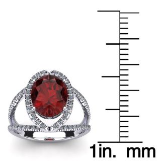 Garnet Ring: Garnet Jewelry: 3 1/2 Carat Oval Shape Garnet and Halo Diamond Ring In 14 Karat White Gold