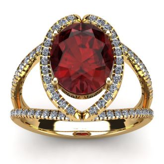 Garnet Ring: Garnet Jewelry: 3 1/2 Carat Oval Shape Garnet and Halo Diamond Ring In 14 Karat Yellow Gold