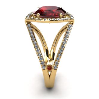 Garnet Ring: Garnet Jewelry: 3 1/2 Carat Oval Shape Garnet and Halo Diamond Ring In 14 Karat Yellow Gold