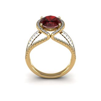 Garnet Ring: Garnet Jewelry: 3 1/2 Carat Oval Shape Garnet and Halo Diamond Ring In 14 Karat Yellow Gold