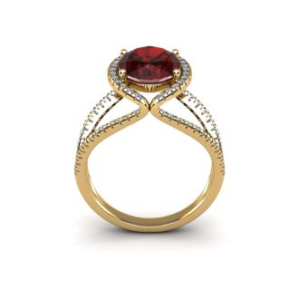Garnet Ring: Garnet Jewelry: 3 1/2 Carat Oval Shape Garnet and Halo Diamond Ring In 14 Karat Yellow Gold