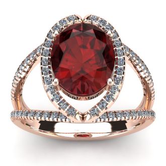 Garnet Ring: Garnet Jewelry: 3 1/2 Carat Oval Shape Garnet and Halo Diamond Ring In 14 Karat Rose Gold