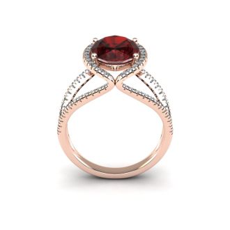 Garnet Ring: Garnet Jewelry: 3 1/2 Carat Oval Shape Garnet and Halo Diamond Ring In 14 Karat Rose Gold