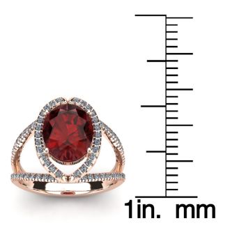 Garnet Ring: Garnet Jewelry: 3 1/2 Carat Oval Shape Garnet and Halo Diamond Ring In 14 Karat Rose Gold