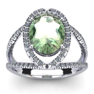 3 Carat Oval Shape Green Amethyst and Halo Diamond Ring In 14 Karat White Gold