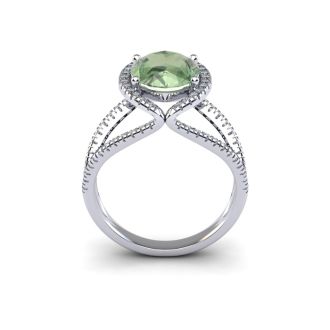 3 Carat Oval Shape Green Amethyst and Halo Diamond Ring In 14 Karat White Gold