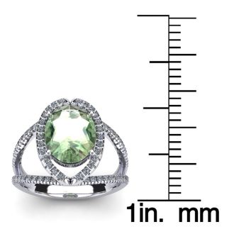 3 Carat Oval Shape Green Amethyst and Halo Diamond Ring In 14 Karat White Gold