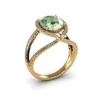 3 Carat Oval Shape Green Amethyst and Halo Diamond Ring In 14 Karat Yellow Gold
