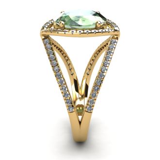 3 Carat Oval Shape Green Amethyst and Halo Diamond Ring In 14 Karat Yellow Gold