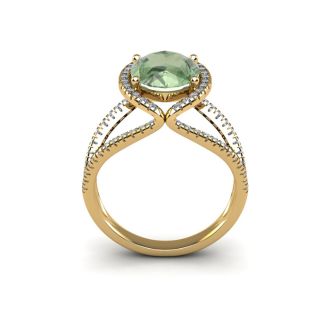 3 Carat Oval Shape Green Amethyst and Halo Diamond Ring In 14 Karat Yellow Gold