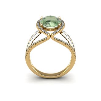 3 Carat Oval Shape Green Amethyst and Halo Diamond Ring In 14 Karat Yellow Gold