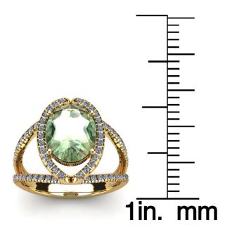 3 Carat Oval Shape Green Amethyst and Halo Diamond Ring In 14 Karat Yellow Gold