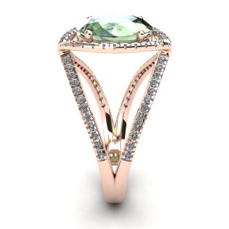 3 Carat Oval Shape Green Amethyst and Halo Diamond Ring In 14 Karat Rose Gold
