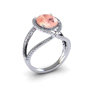 2-3/4 Carat Oval Shape Morganite and Halo Diamond Ring In 14 Karat White Gold