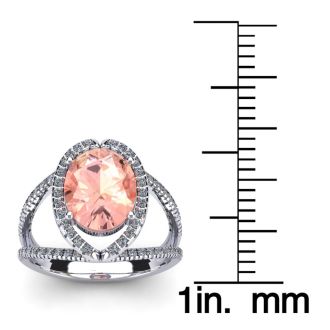 2-3/4 Carat Oval Shape Morganite and Halo Diamond Ring In 14 Karat White Gold