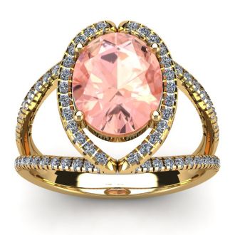 2-3/4 Carat Oval Shape Morganite and Halo Diamond Ring In 14 Karat Yellow Gold