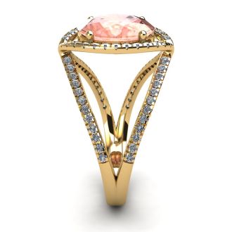 2-3/4 Carat Oval Shape Morganite and Halo Diamond Ring In 14 Karat Yellow Gold