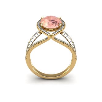 2-3/4 Carat Oval Shape Morganite and Halo Diamond Ring In 14 Karat Yellow Gold