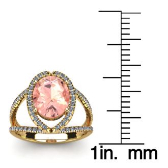 2 3/4 Carat Oval Shape Morganite and Halo Diamond Ring In 14 Karat Yellow Gold