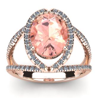 2 3/4 Carat Oval Shape Morganite and Halo Diamond Ring In 14 Karat Rose Gold