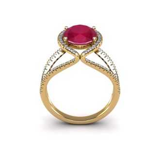 3 1/2 Carat Oval Shape Ruby and Halo Diamond Ring In 14 Karat Yellow Gold