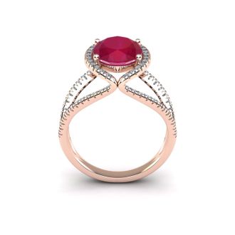 3 1/2 Carat Oval Shape Ruby and Halo Diamond Ring In 14 Karat Rose Gold