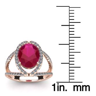 3 1/2 Carat Oval Shape Ruby and Halo Diamond Ring In 14 Karat Rose Gold