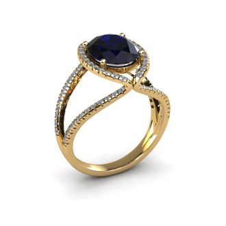 3 1/2 Carat Oval Shape Sapphire and Halo Diamond Ring In 14 Karat Yellow Gold