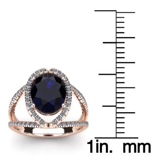 3 1/2 Carat Oval Shape Sapphire and Halo Diamond Ring In 14 Karat Rose Gold