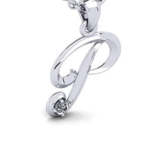 Letter P Diamond Initial Necklace In Sterling Silver With Free Chain