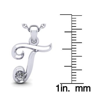 Letter T Diamond Initial Necklace In Sterling Silver With Free Chain
