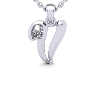 Letter V Diamond Initial Necklace In White Gold With Free Chain