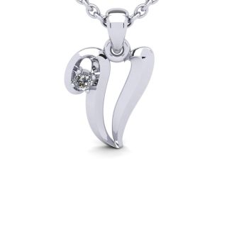 Letter V Diamond Initial Necklace In Sterling Silver With Free Chain
