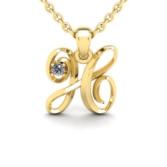 Letter H Diamond Initial Necklace In Yellow Gold With Free Chain