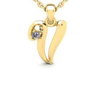 Letter V Diamond Initial Necklace In Yellow Gold With Free Chain