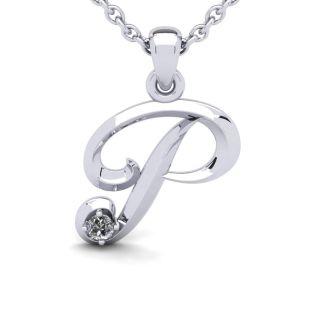 Letter P Diamond Initial Necklace In 14 Karat White Gold With Free Chain