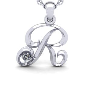 Letter R Diamond Initial Necklace In 14 Karat White Gold With Free Chain